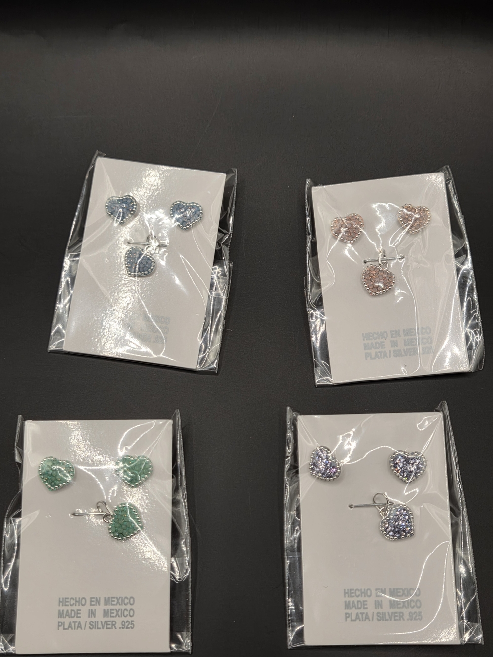 Sterling Silver Heart Pendant and Stud Earring Set - Blue, Pink, Green, Purple